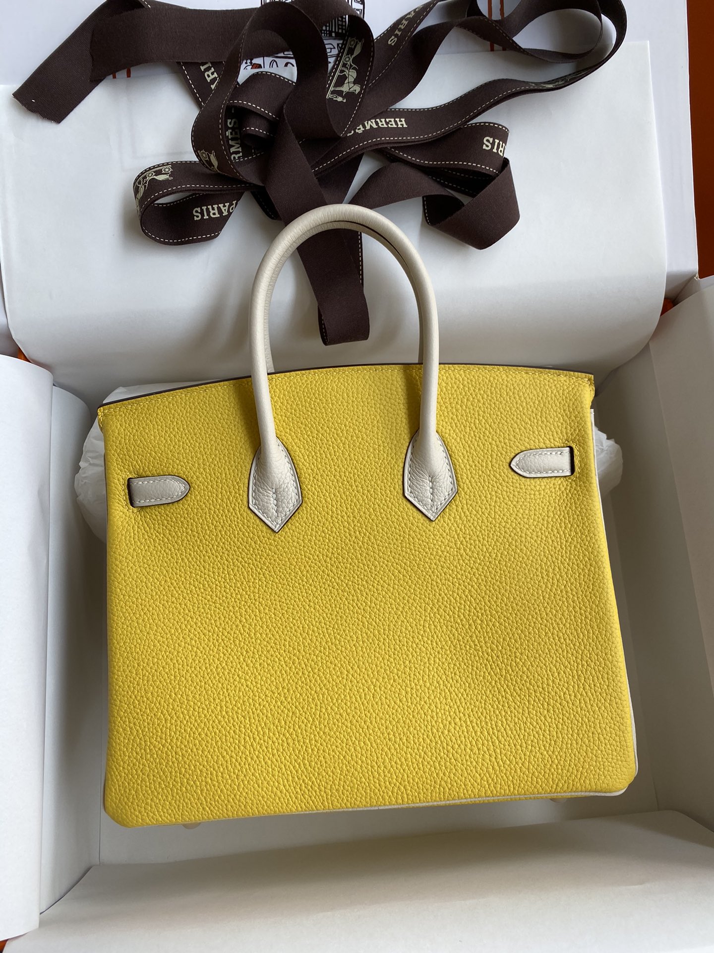 Hermes Birkin 25CM Togo Leather Handbag Yellow White